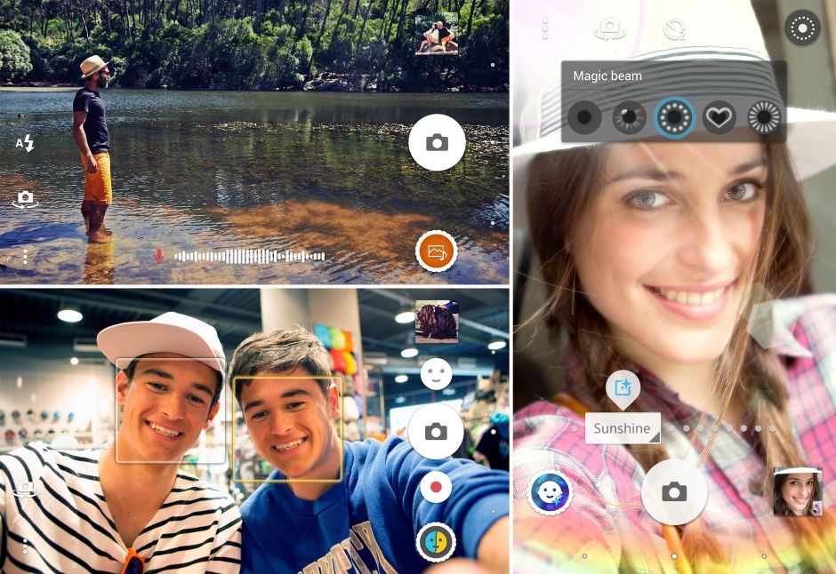 Collage of photos showing the effects of camera apps Style portrait, Sound photo and AR mask