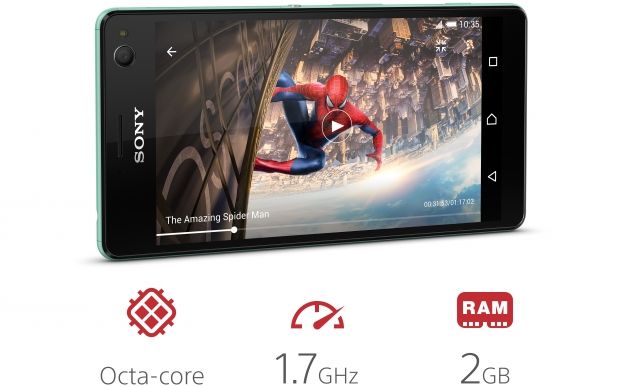The Xperia C4 with a film on screen and icons showing Octa-core, 1.7 GHz and 2 GB