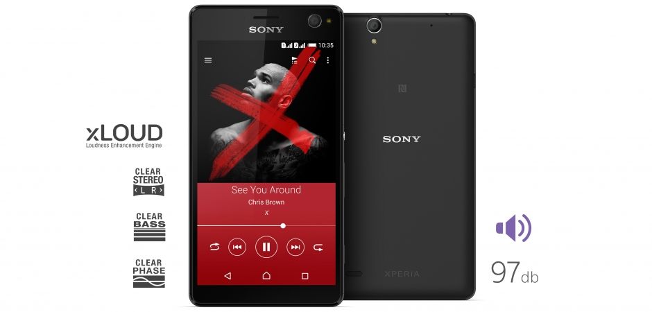 The Xperia C4 with Music app open; icons for 97dB, xLOUD and ClearAudio+ technologies surround the phone