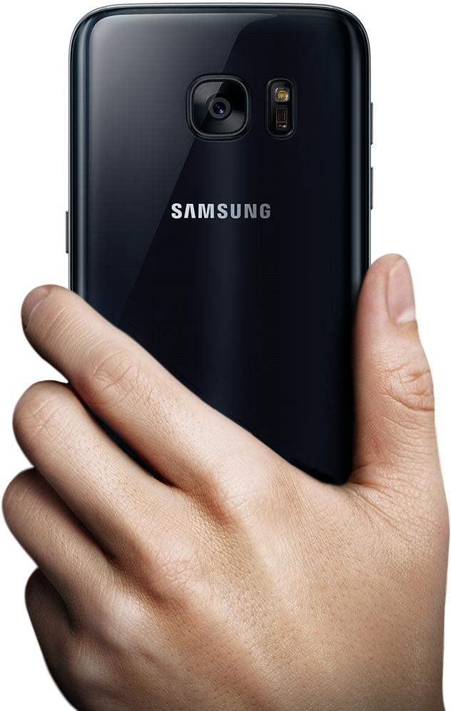 Hand holding up galaxy s7 to mans face