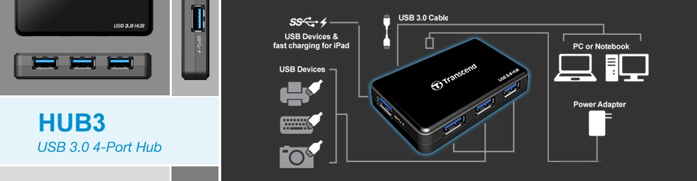 Transcend TS-HUB3K USB3.0 Hub - 4-Port USB3.0 | Techbuy Australia