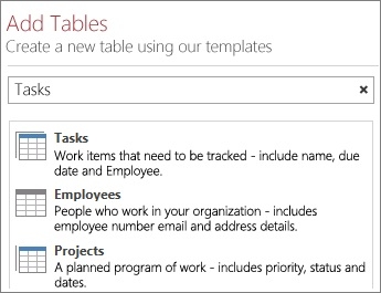 The table template search box on the Access Welcome screen.