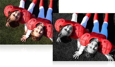 Two photos of two boys in football gear, one in full color, the other in selective color