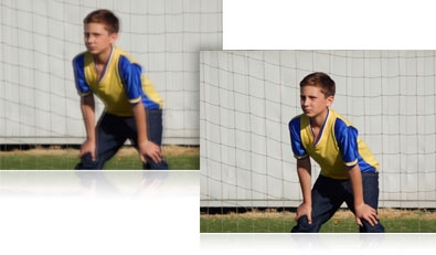 Two photos of a boy in the soccer goal, one blurry and the other sharp showing how VR works