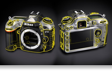 Illustration of the front and back views of the Nikon D7100 chassis