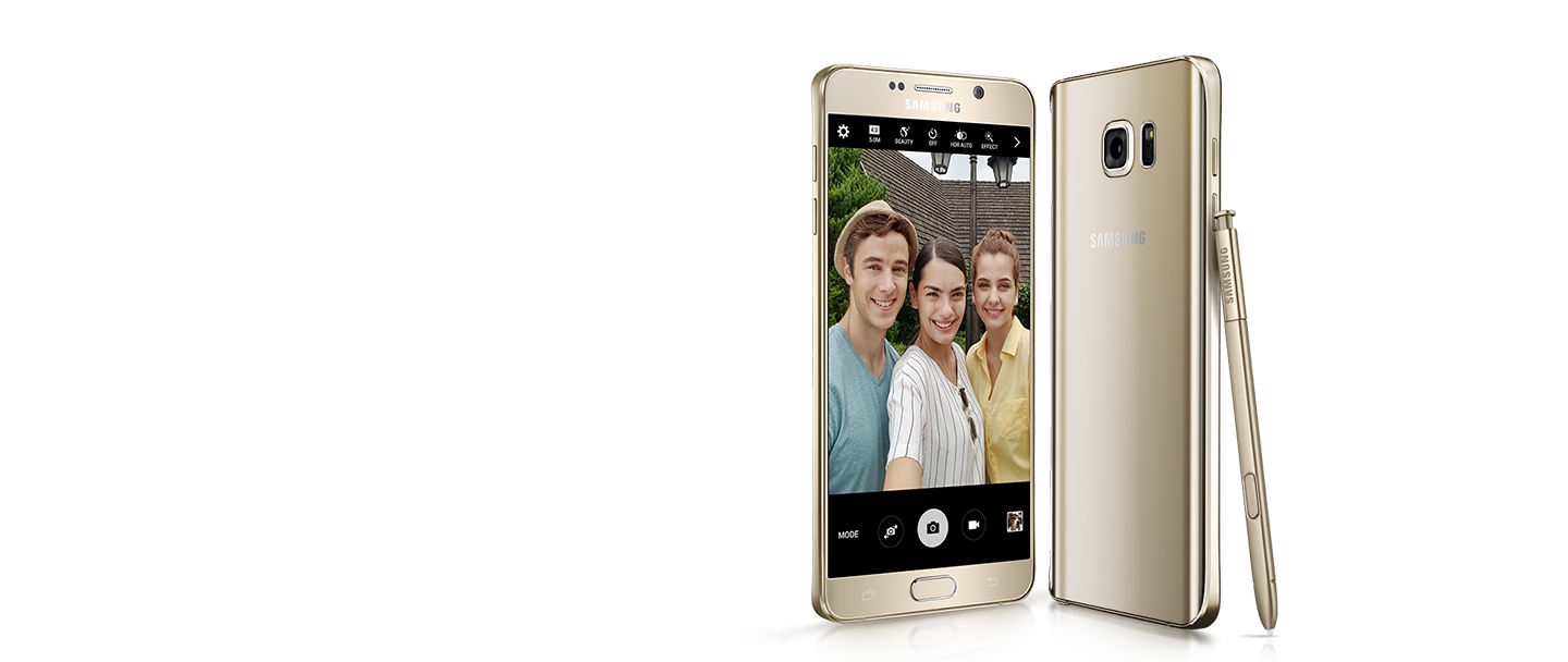 Front view with photo and back view of gold platinum Galaxy Note5