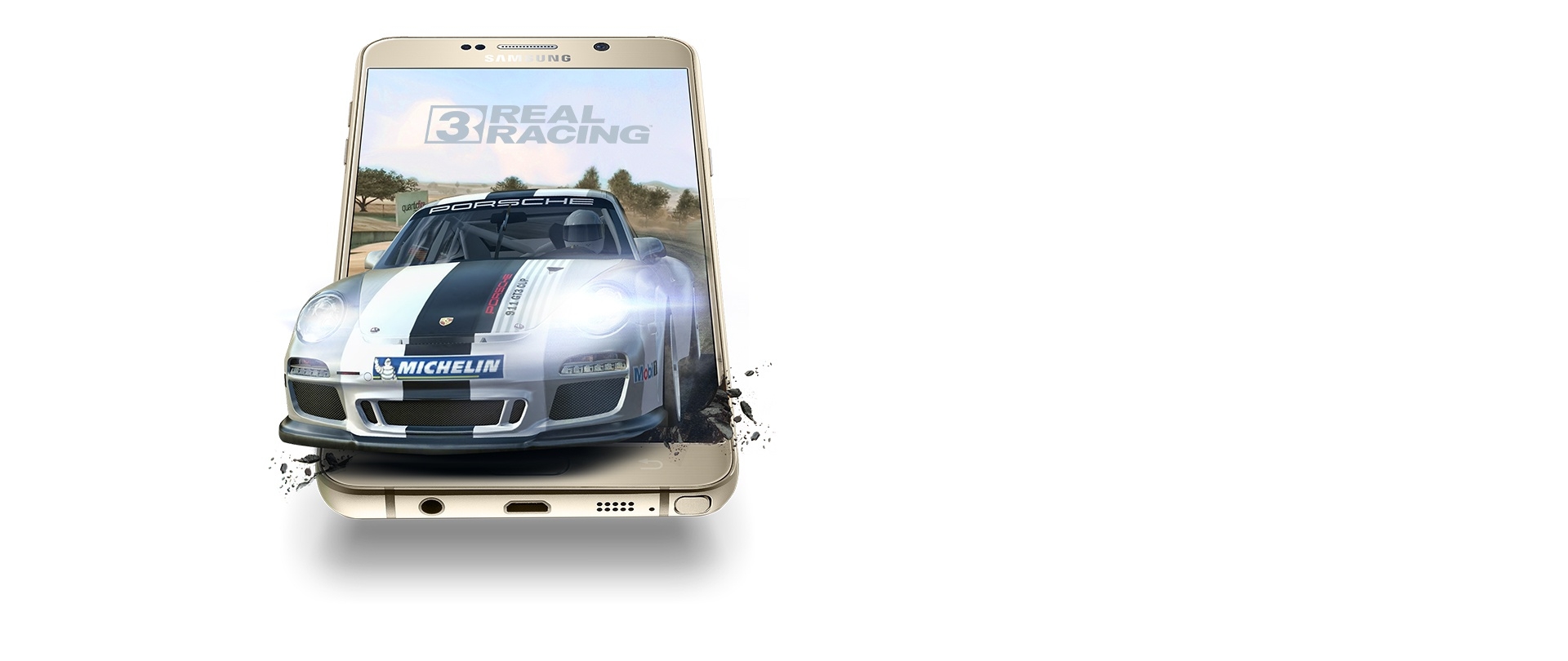 Real Racing game screen shot on gold platinum Galaxy Note5 screen
