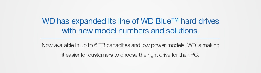 WDÂ® has expanded its line of WD Blueâ„¢ hard drives with new model numbers and solutions. Now available in up to 6 TB capacities and low power models, WD is making it easier for customers to choose the right drive for their PC.