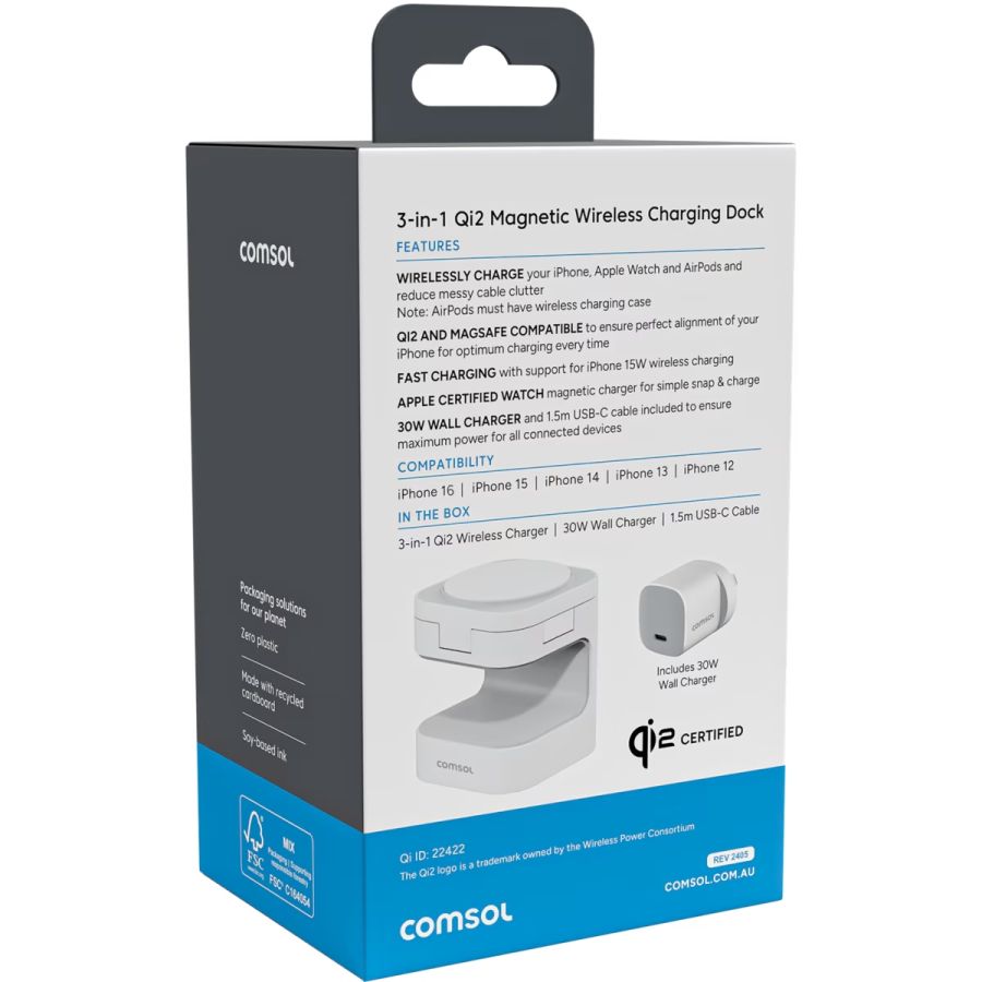 WQ231S Comsol 3-in-1 Qi2 Magnetic Charging Stand with 30W AC