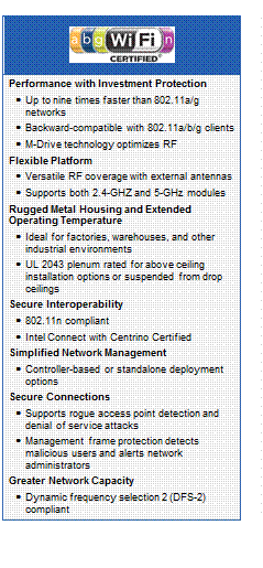 Text Box:
Performance with Investment Protection
	Up to nine times faster than 802.11a/g networks
	Backward-compatible with 802.11a/b/g clients
	M-Drive technology optimizes RF
Flexible Platform
	Versatile RF coverage with external antennas
	Supports both 2.4-GHZ and 5-GHz modules
Rugged Metal Housing and Extended Operating Temperature
	Ideal for factories, warehouses, and other industrial environments
	UL 2043 plenum rated for above ceiling installation options or suspended from drop ceilings
Secure Interoperability
	802.11n compliant
	Intel Connect with Centrino Certified
Simplified Network Management
	Controller-based or standalone deployment options
Secure Connections
	Supports rogue access point detection and denial of service attacks
	Management frame protection detects malicious users and alerts network administrators
Greater Network Capacity
	Dynamic frequency selection 2 (DFS-2) compliant
