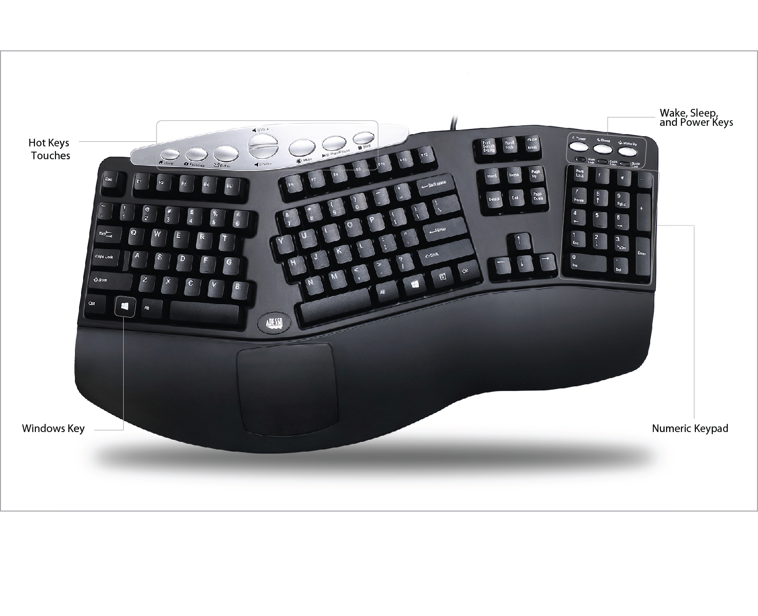 Adesso PCK208B TruForm Media 208 Contoured Ergonomic Keyboard Black