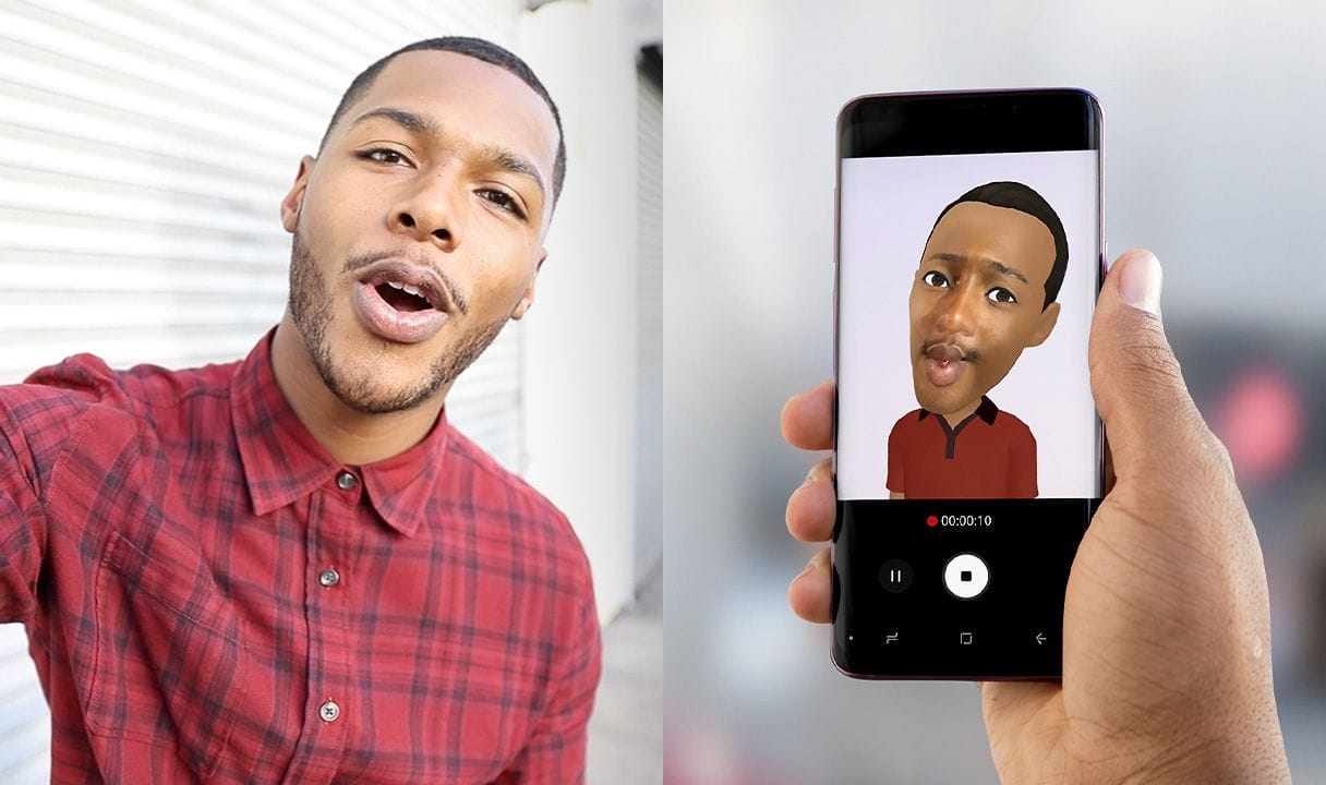 Video taken on Galaxy S9 or Galaxy S9+ with person making faces and corresponding AR Emoji video to the right