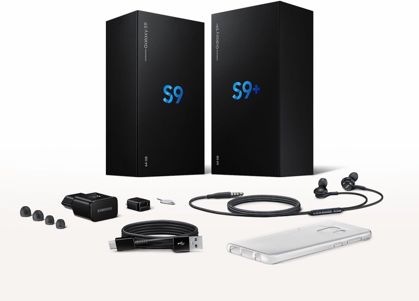 Image of Galaxy S9 and Galaxy S9+ boxes with included accessories