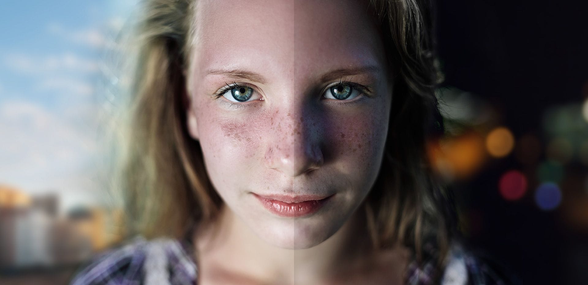 Persons face with illustrated overlays depicting face recognition and iris scan