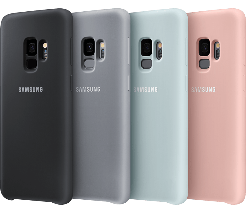 Four Galaxy S9 phones standing in each color of the Silicone cover: black, gray, blue, pink
