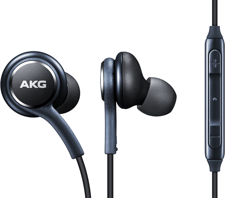 Close-up of earphones tuned by AKG showing earbuds and volume control