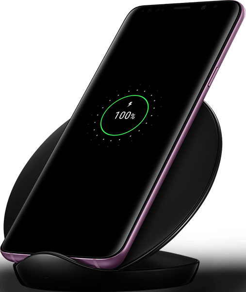 Wireless Charging Stand in black with Galaxy S9+ charging