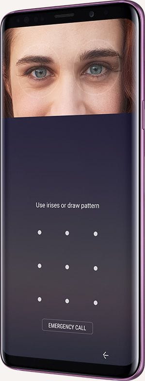 Galaxy S9+ with persons photo and the iris scan GUI on-screen