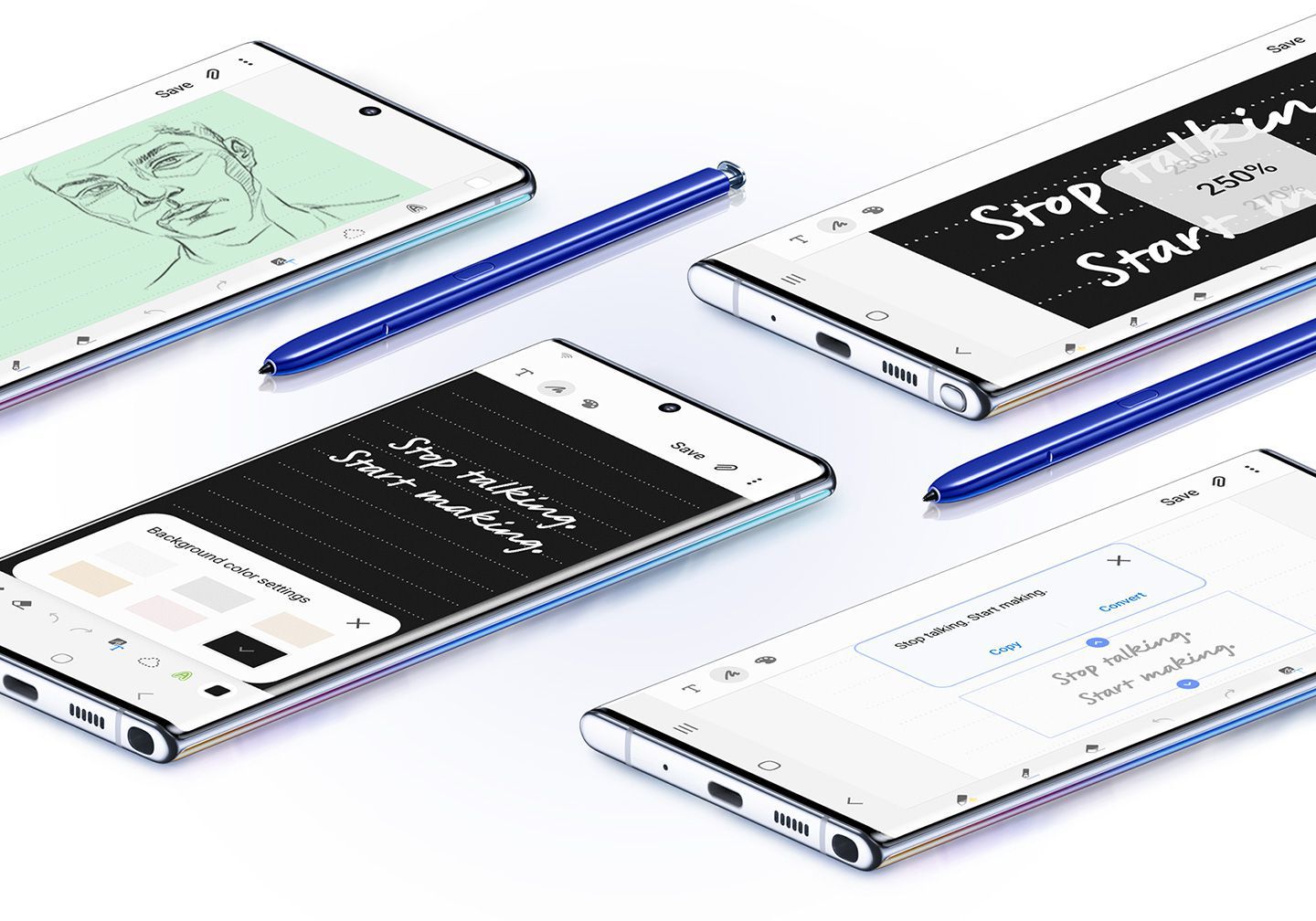 Four Galaxy Note10 plus phones seen laying face up with a variety of Samsung Notes uses onscreen, and two blue S Pens. One screen shows a sketch of a face, another shows Text Export, the next shows a note with the zoom GUI overlaid on top, and the last phone shows writing with the background colour settings menu