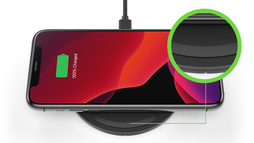 Close up of LED light on the BOOSTCHARGE Wireless Charging Pad