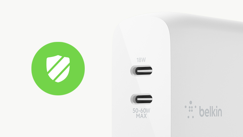 Close up of BOOSTCHARGE Dual USB-C GaN Wall Charger 68W