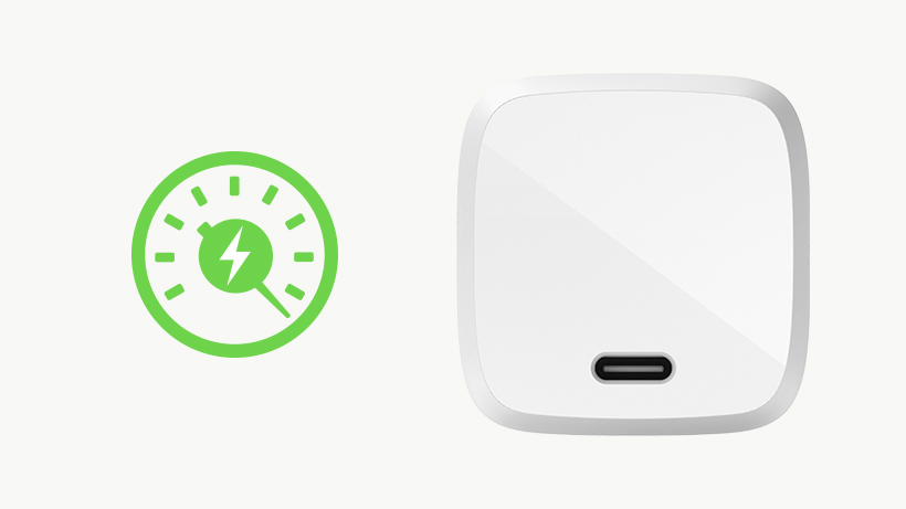 BOOSTCHARGE USB-C GaN Wall Charger with a charging time icon