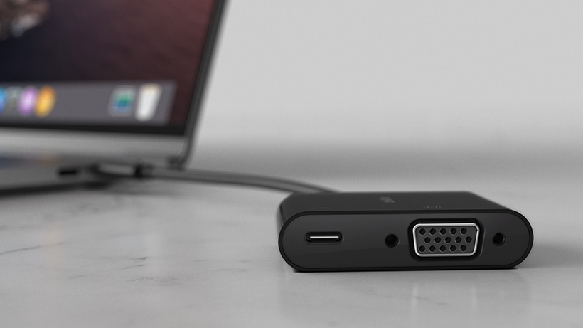 Belkin USB-C to VGA + Charge Adapter connected to a laptop