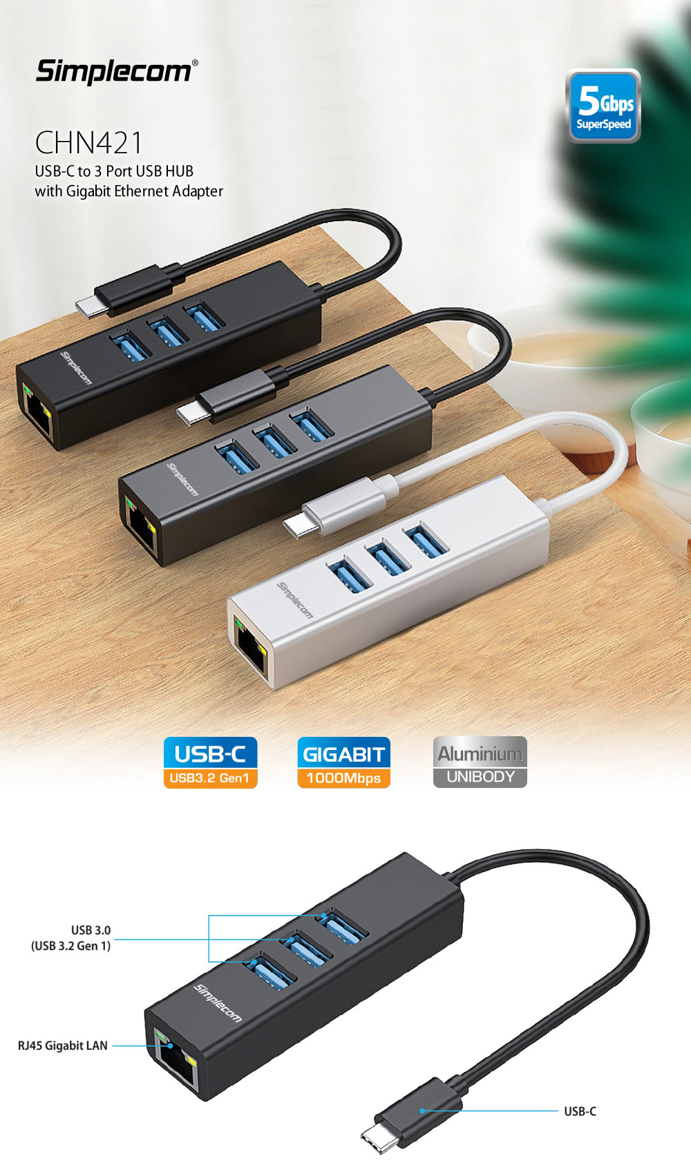 CHN421SL Aluminium USBC to 3 Port USB HUB with Gigabit