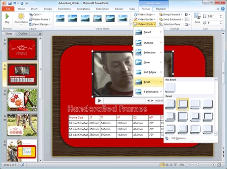 A PowerPoint 2010 presentation showing Video Effects options