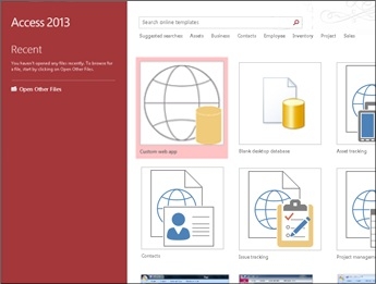 The Access Welcome screen, highlighting the template search box and the Blank app and Blank desktop database buttons.