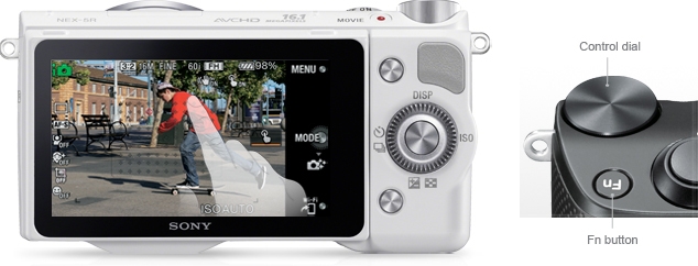 Control dial, quick access. Function button and touch screen