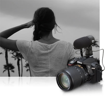 D5300 photo of a woman, shot from behind, in black and white, inset with a shot of the camera with a lens and ME-1 stereo mic attached