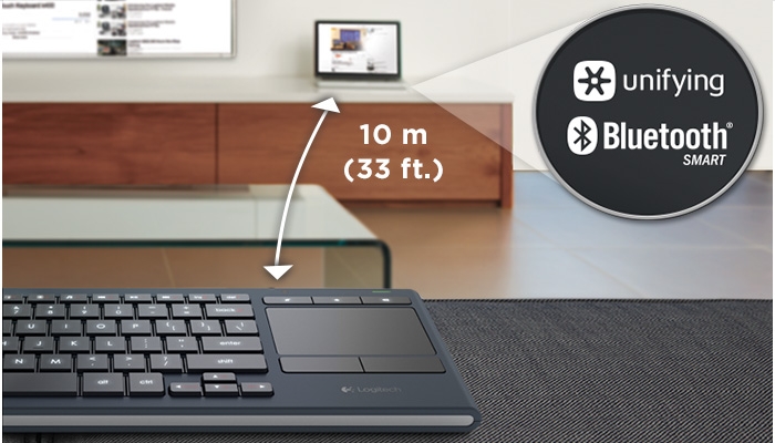 Keyboard and TV distance image with detail of Unifying receiver