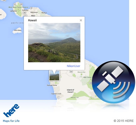 COOLPIX P900 photo of the Hawaii jungle on a map and the GPS icon inset