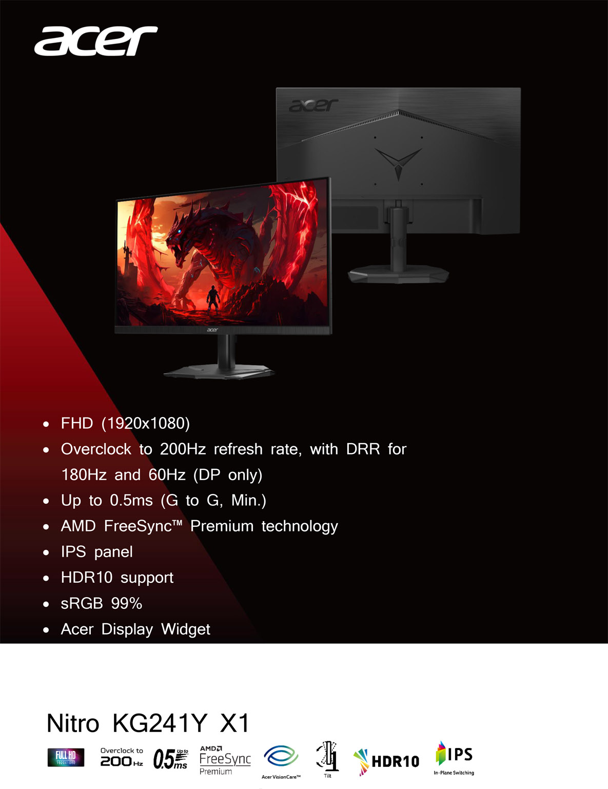 Acer Nitro KG241Y X1 23.8inch 200Hz FHD IPS Gaming Monitor