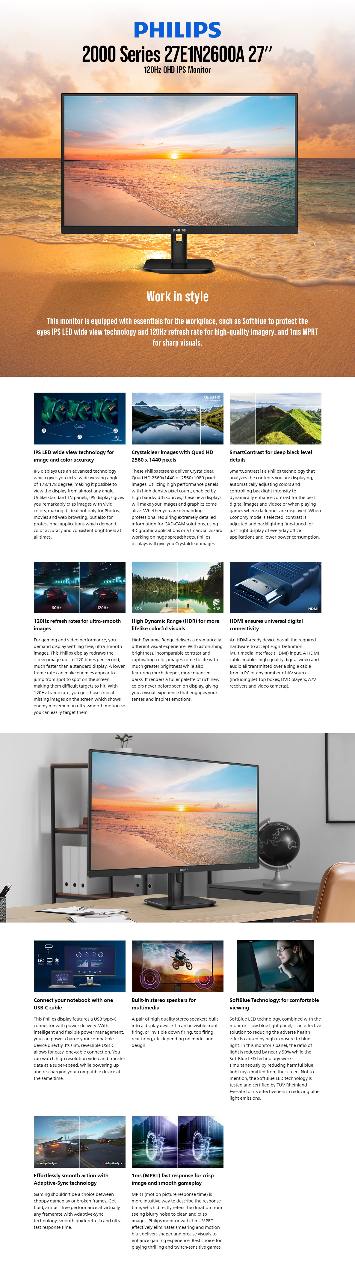 Philips 2000 Series 27E1N2600A 27inch 120Hz QHD IPS Monitor