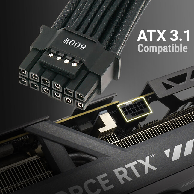 Close-up of a black ATX 3.1 compatible power connector and graphics card power connector