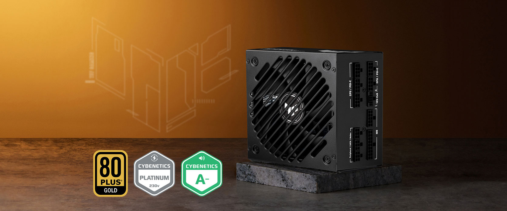 A TUF Gaming Gold EVO power supply with a vented fan, placed on a stone block against an orange background. Badges show '80 Plus Gold'.