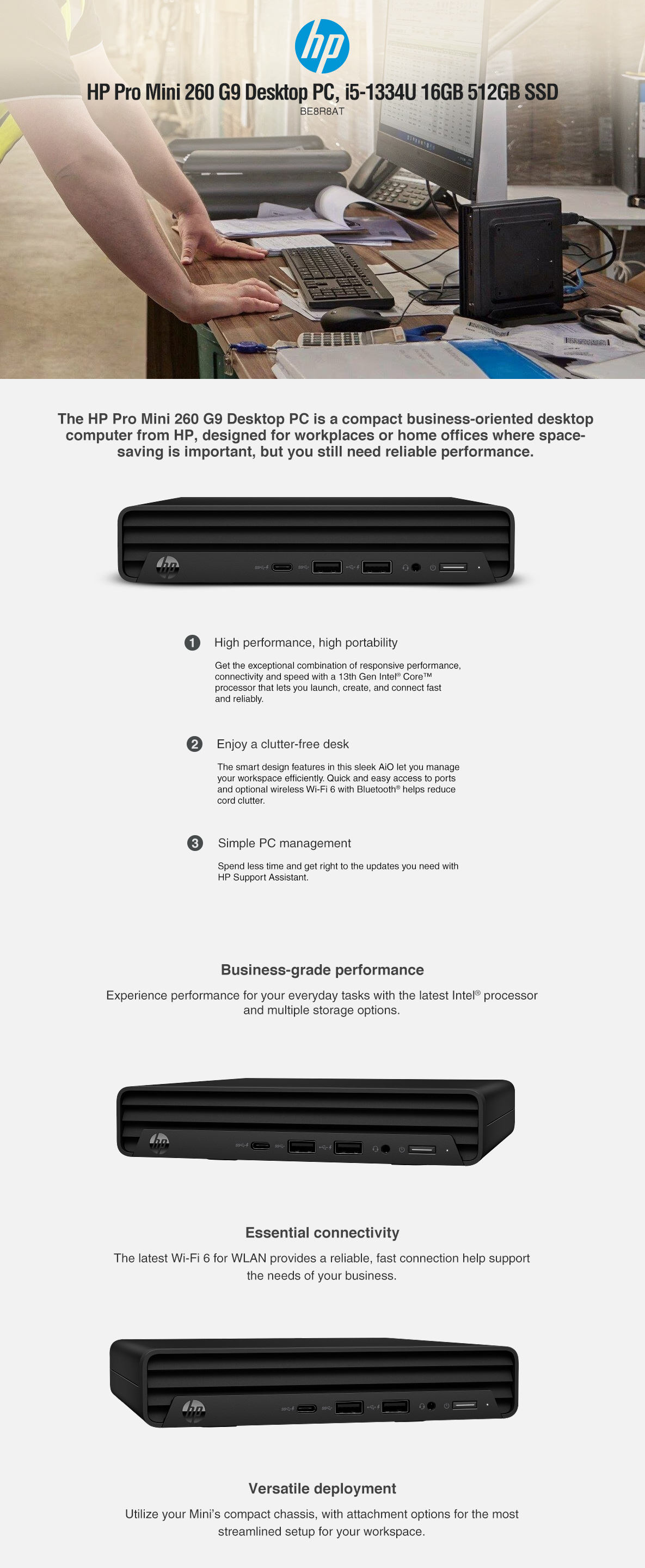 HP Pro Mini 260 G9 Desktop PC, i5-1334U 16GB 512GB SSD