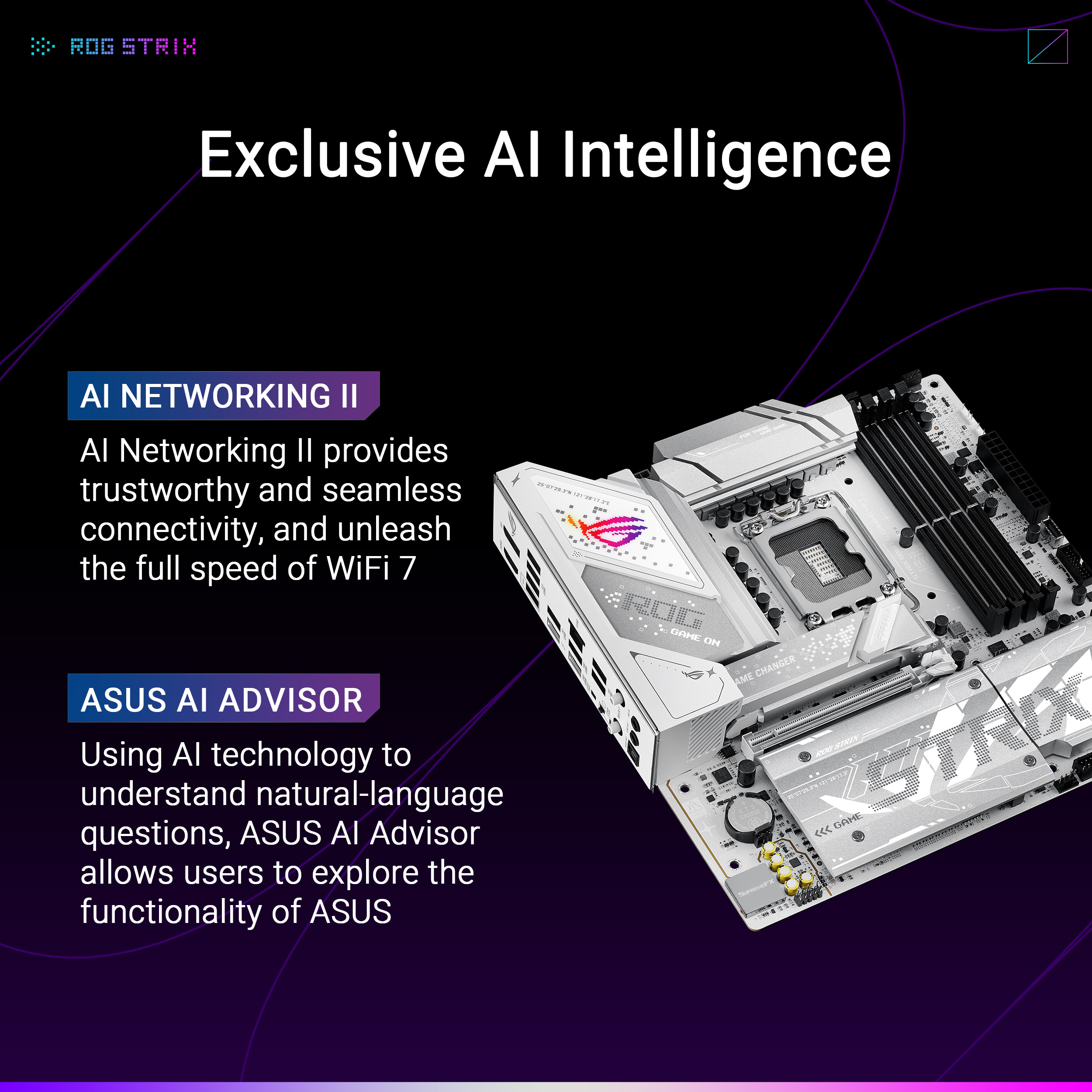 A large marketing image providing additional information about the product ASUS ROG Strix B860-G Gaming WiFi LGA1851 mATX Desktop Motherboard - Additional alt info not provided