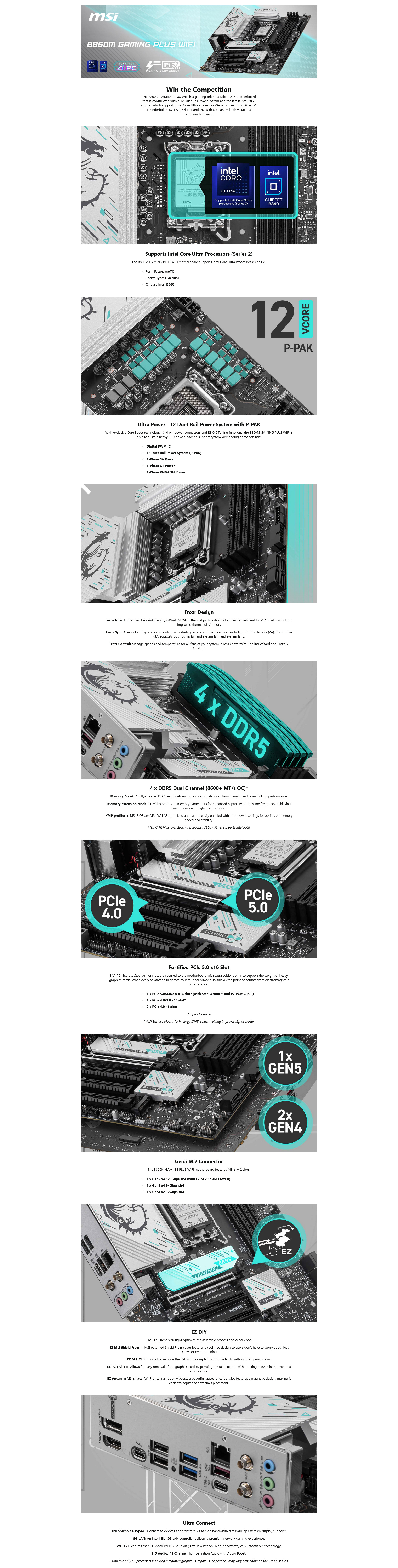 A large marketing image providing additional information about the product MSI B860M Gaming Plus WiFi LGA1851 mATX Desktop Motherboard - Additional alt info not provided