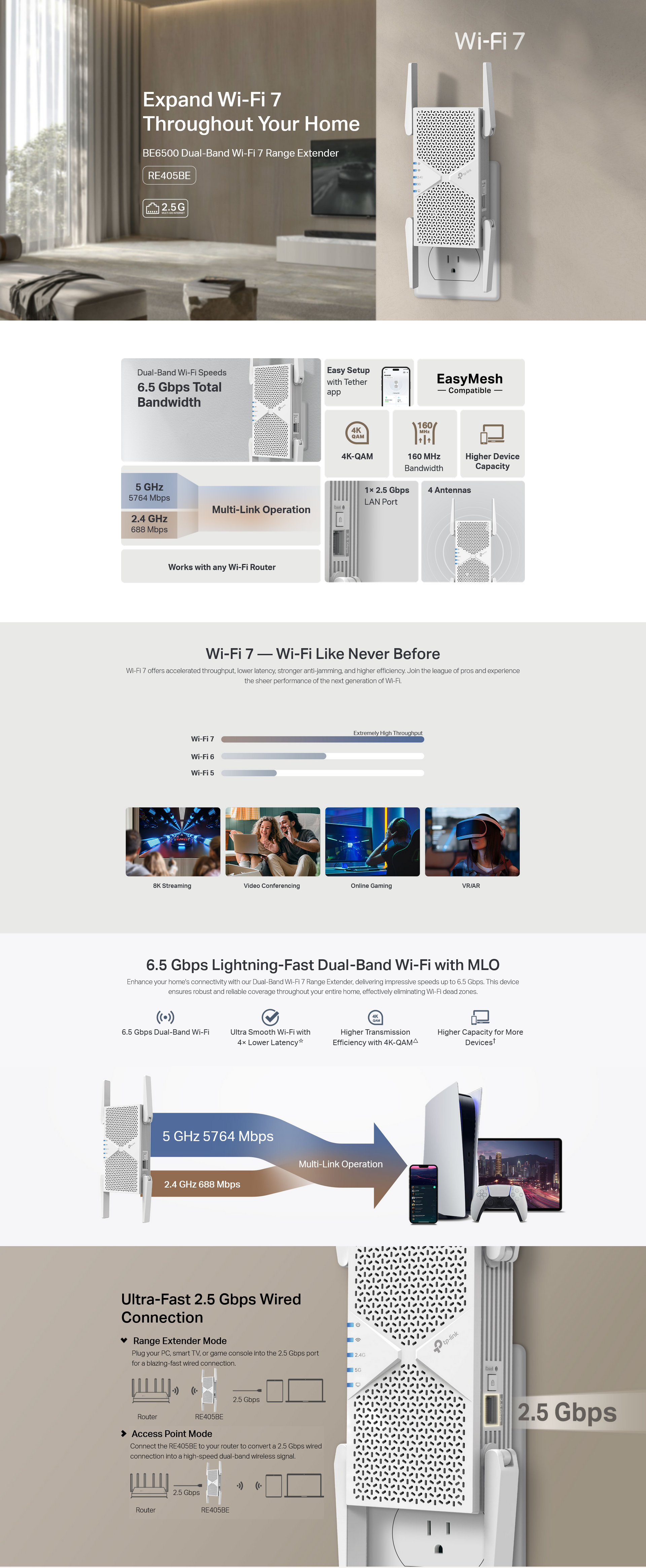 TP-Link RE405BE BE6500 Dual-Band Wi-Fi 7 Range Extender