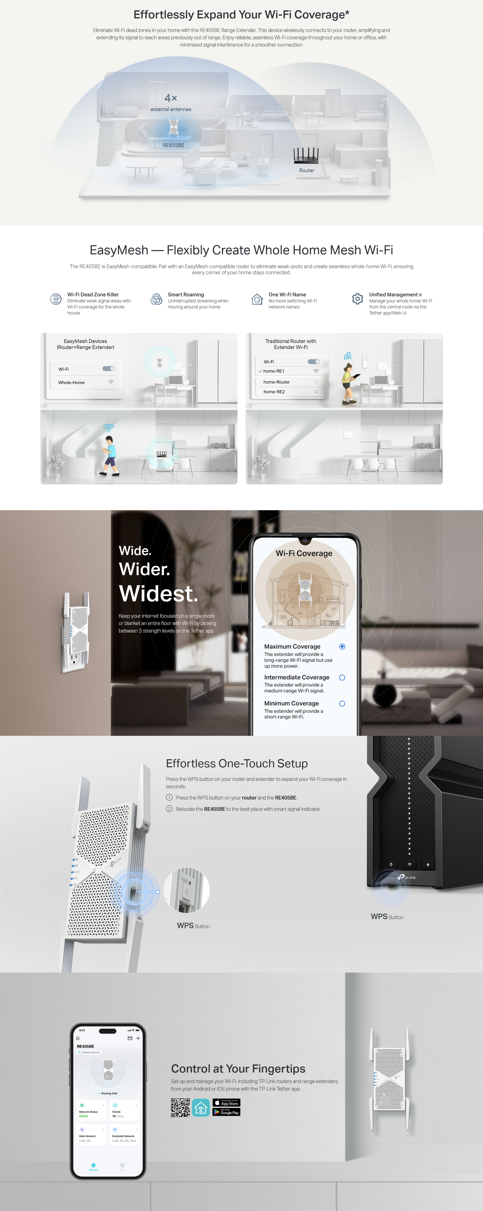 TP-Link RE405BE BE6500 Dual-Band Wi-Fi 7 Range Extender