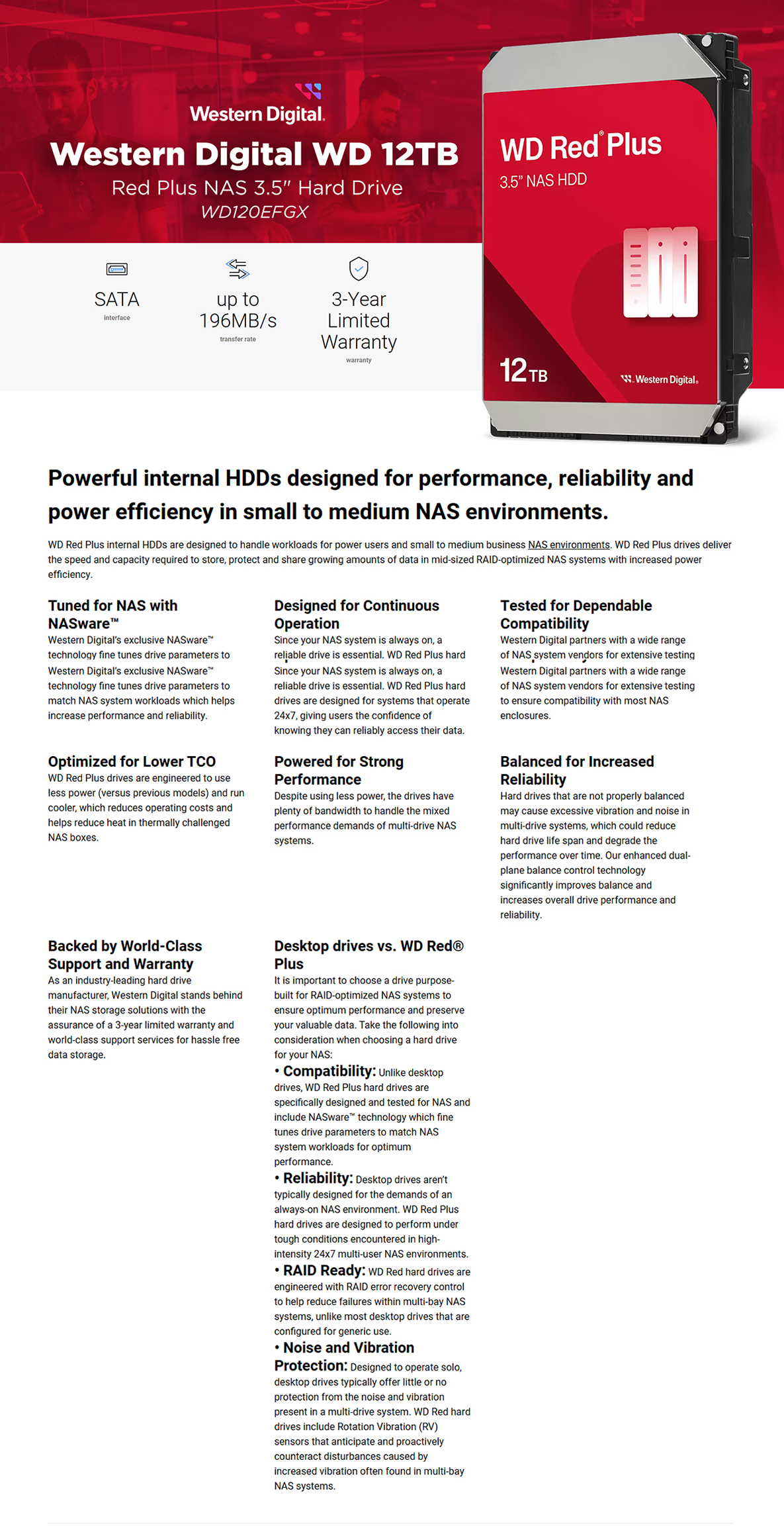 Western Digital WD Red Plus 12TB 3.5inch NAS HDD, WD120EFGX