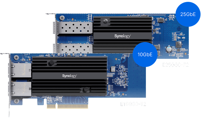 Image showing Synology add-in cards of 10GbE and 25GbE for connectivity upgrade