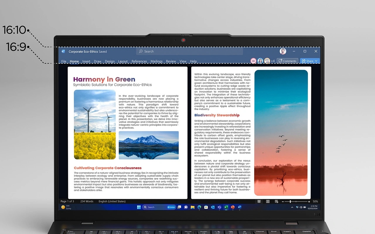 Lenovo ThinkPad L14 Gen 6 (14" AMD) laptop  close-up of the display, showing a publishing app editing two pages of a document on biodiversity and corporate eco-ethics