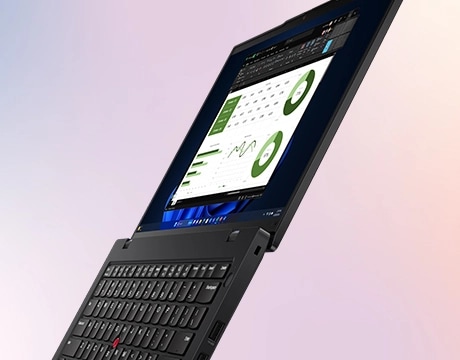 Lenovo ThinkPad L14 Gen 6 (14" AMD) laptop  right-front view, tilted backward from standing on front edge, lid open flat, with charts and graphs on the display