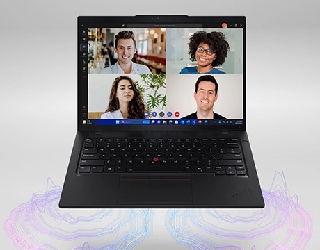 Lenovo ThinkPad L14 Gen 6 (14" AMD) laptop  front view, lid open, with a four-person videoconference on the display and two sets of circular graphics representing audio emanating from the front corners