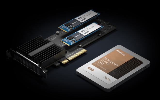 Image showing Synology SATA SSDs and Synology M.2 SSDs for SSD cache