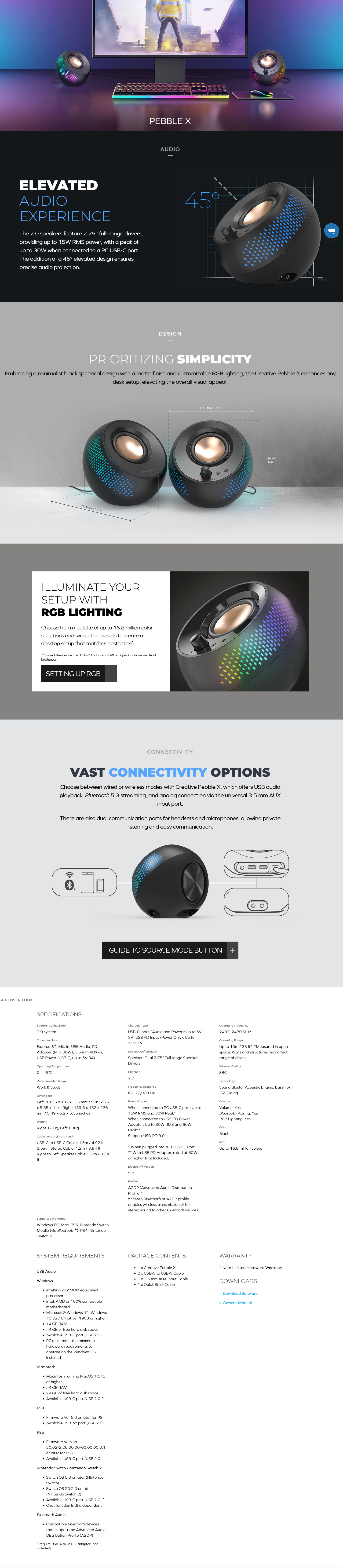 Creative Pebble X 2.0 USB-C RGB Speakers - Black